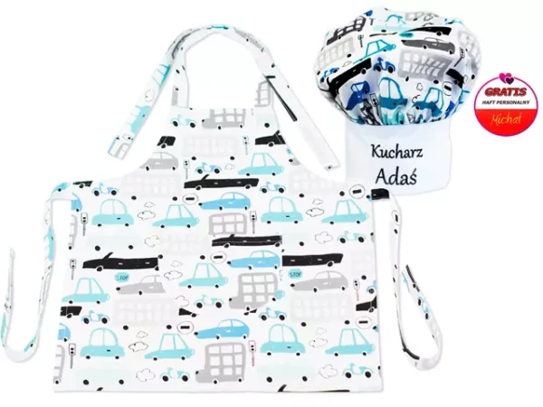 KOMPLET "MAŁEGO KUCHARZA" WZÓR SZARE SAMOCHODY