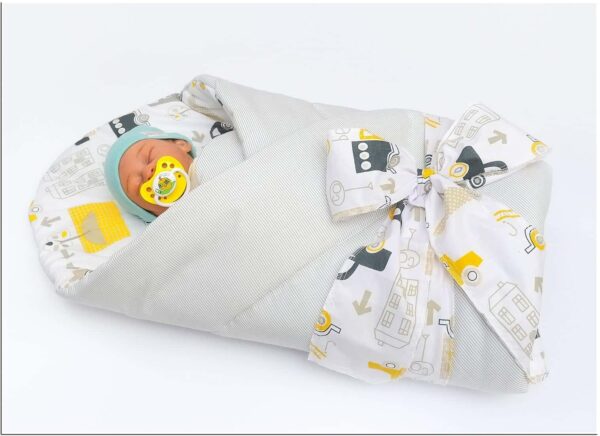 rożek niemowlęcy usztywniony prosty szare paseczki żółty samochód