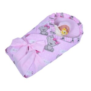 rożek niemowlęcy usztywniony z falbanką miś girl róż