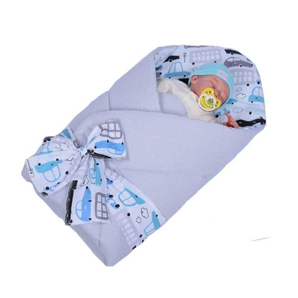 rożek niemowlęcy miękki prosty szare paseczki/szare samochody