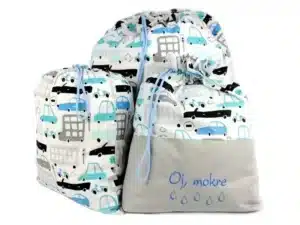 komplet worków bawełnianych wzór samochody szare