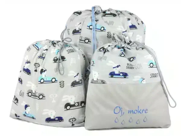 komplet worków bawełnianych wzór zając w aucie