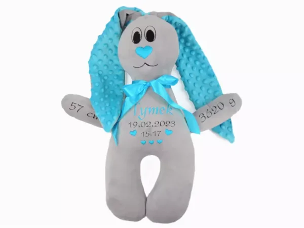 Króliczek maskotka z metryczką HAFT personalizowany Turkus