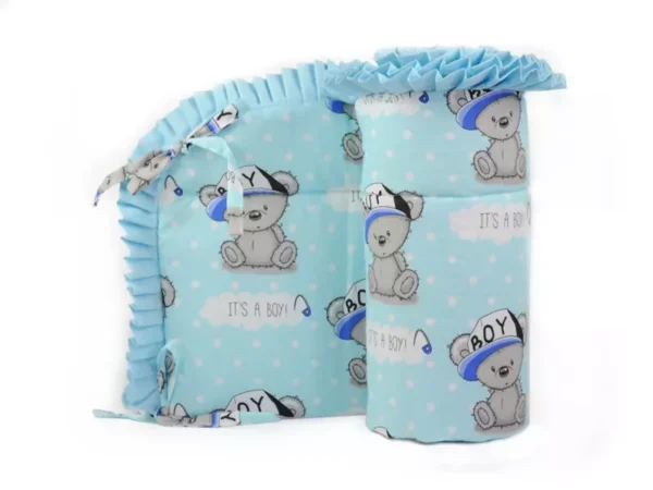 Ochraniacz z falbanką do łóżeczka 30x180cm bawełniany Miś Boy niebieski