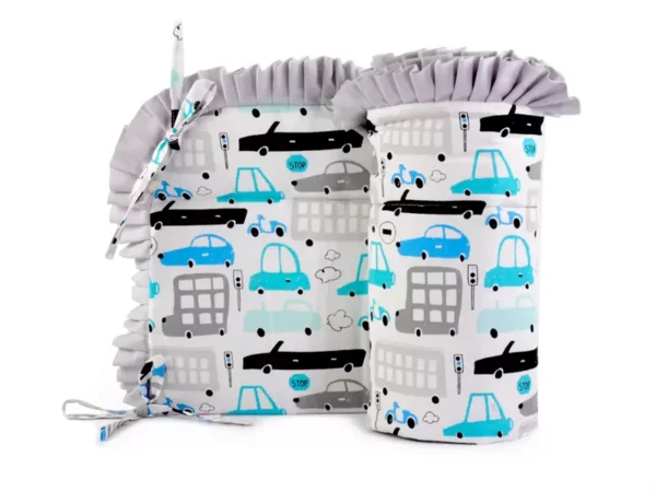 Ochraniacz z falbanką do łóżeczka 30x180cm bawełniany Samochody Szare