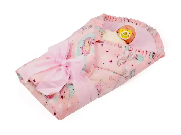 Rożek becik niemowlęcy z falbanką usztywniony Różowy Jednorożec