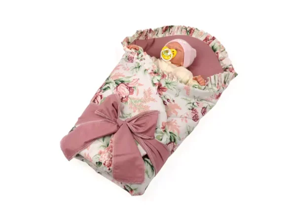 Rożek becik niemowlęcy z falbanką usztywniony Pudrowa Róża