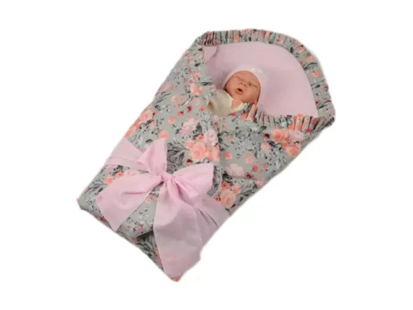 Rożek becik niemowlęcy z falbanką usztywniony Róża Szara