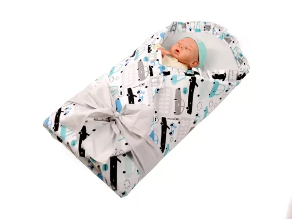 Rożek becik niemowlęcy z falbanką usztywniony Szare Samochody