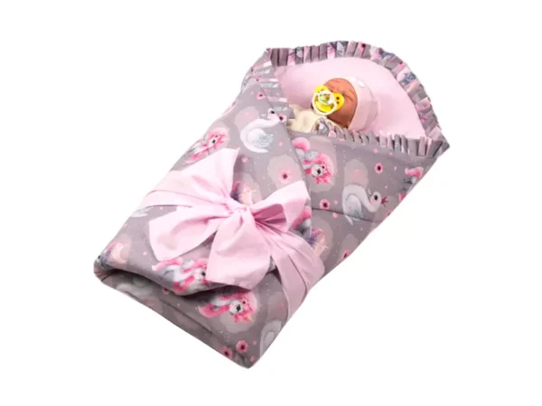 Rożek becik niemowlęcy z falbanką usztywniony Szare Koniki